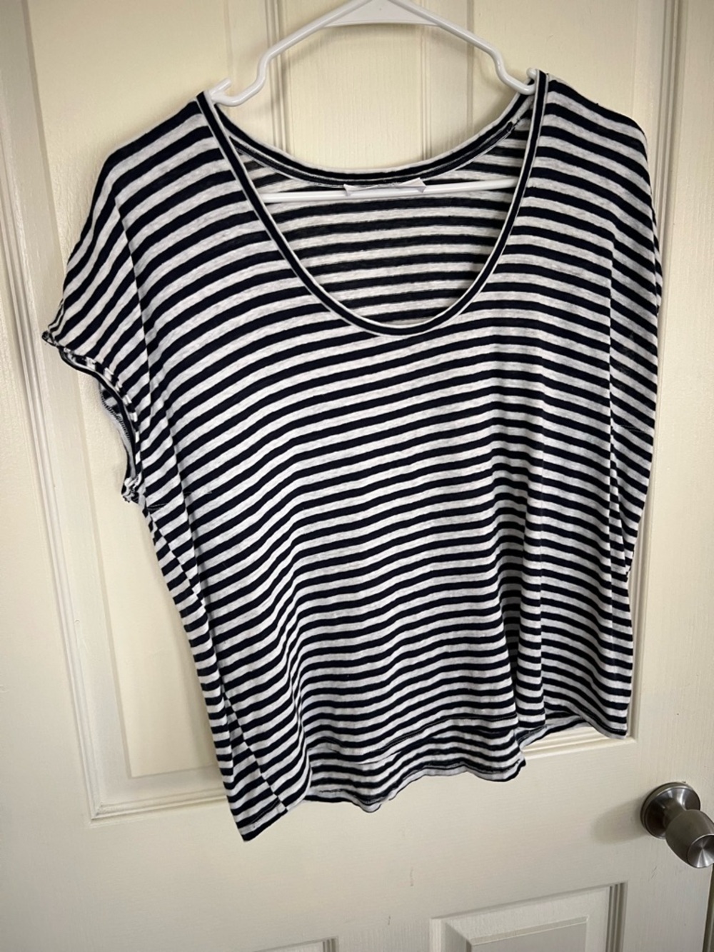 FRAME Striped Linen Tee Blue White Scoop Neck Raw Edge Top Organic Linen - Picture 5 of 9